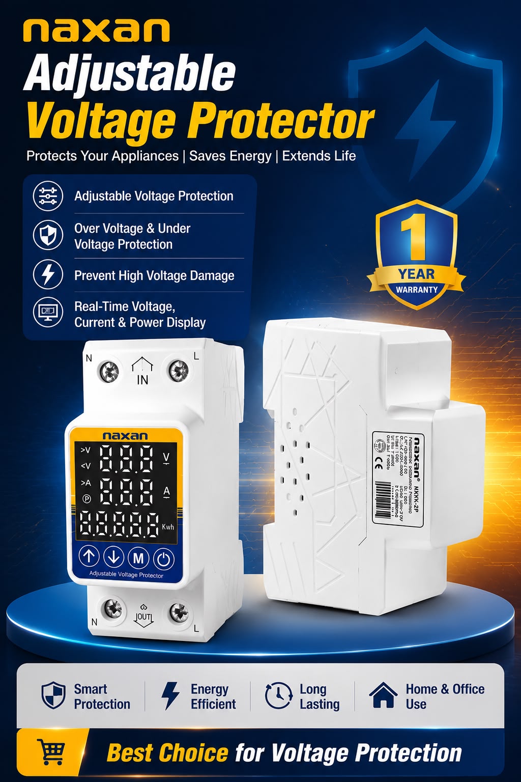 Naxan adjustable voltage protector product graphic showing two white electronic modules on a blue gradient background with promotional text and a 1-year warranty badge.